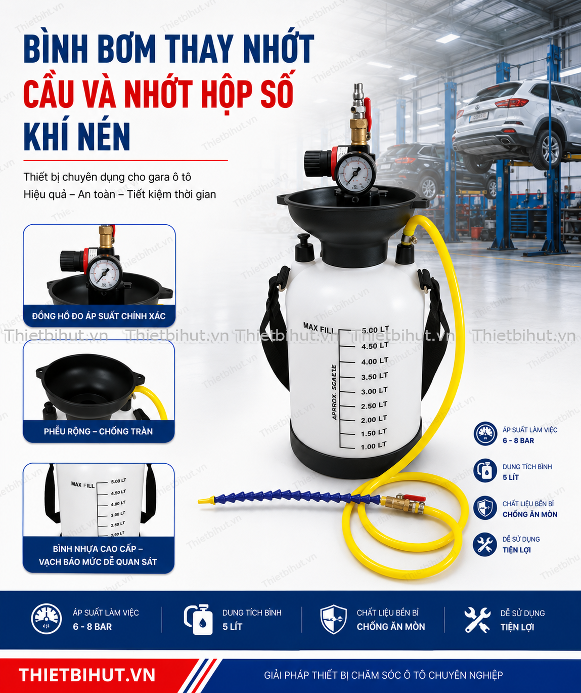 Bình bơm dầu hộp số sàn bằng khí nén